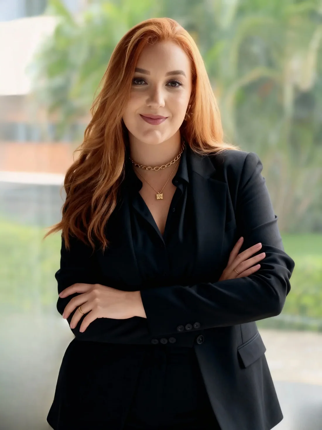 Thalita Macedo, de blazer escuro e braços cruzados, sorrindo